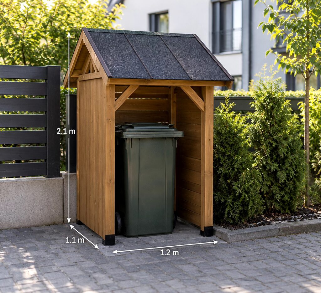 Attēlā redzama koka atkritumu konteineru novietne ar zaļu konteineru iekšpusē.