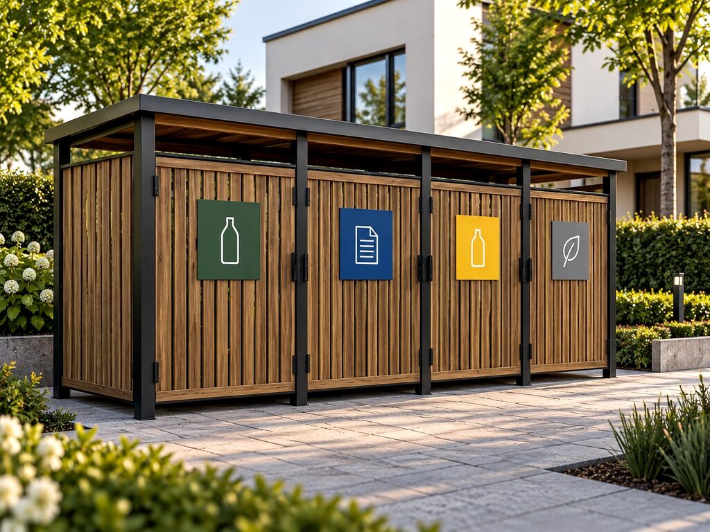 Attēlā redzama atkritumu konteineru novietne ar koka sieniņām un simboliem dažādiem atkritumu veidiem.