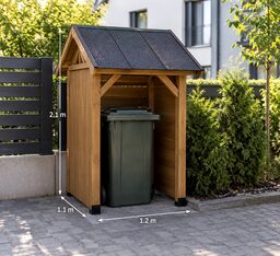 Attēlā redzama koka atkritumu konteineru novietne ar zaļu konteineru iekšpusē.